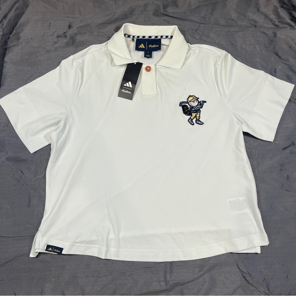 Adidas x Malbon Women’s Golf Polo Shirt Size L NWT Cream Embroidered Mascot